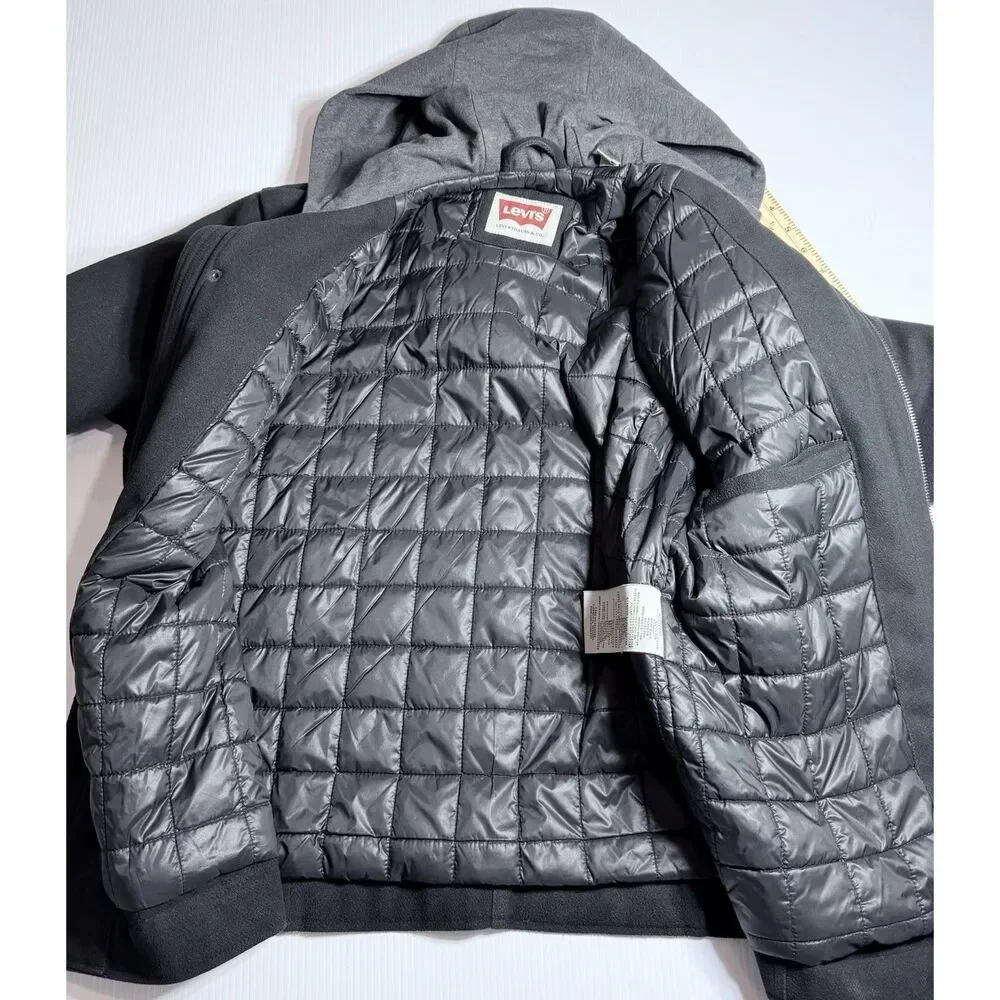 Levis Jacket Mens M Black Wool Blend Hooded Lined Quilted Pea Coat